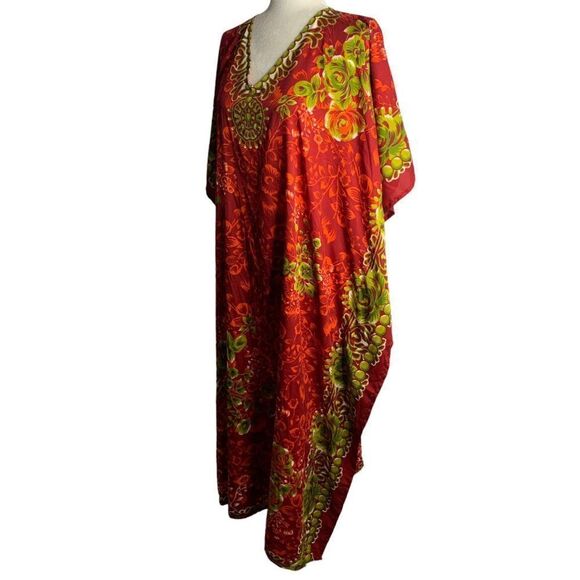 Miss Lavish Kaftan Muumuu Maxi Dress 14-18 Red Floral V Neck Resort Wear Boho - Picture 3 of 6